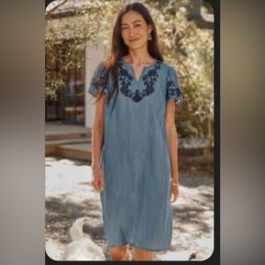 J. Jill Embroidered Indigo Flutter Sleeve Dress, Medium Tall